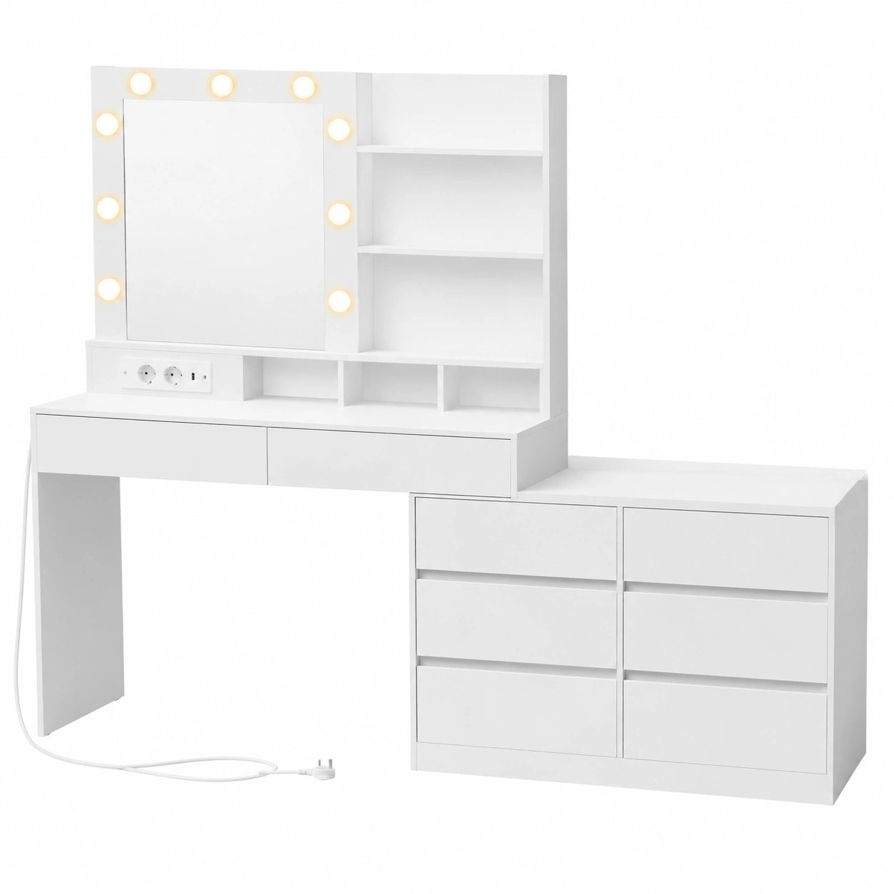 Tavolo da Toeletta con Specchio LED e Prese Multiple, VASAGLE KAILYN, 9 Lampadine, 8 Cassetti, 3 Ripiani, Bianco, Illuminazione Regolabile