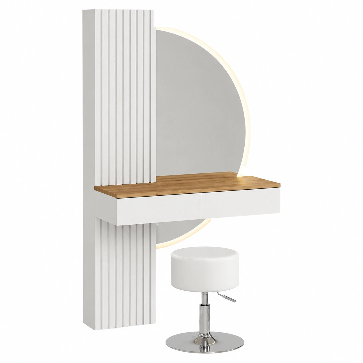 Tavolo da Trucco Vicco Melina con LED e Sgabello, Bianco/Quercia, 100 cm