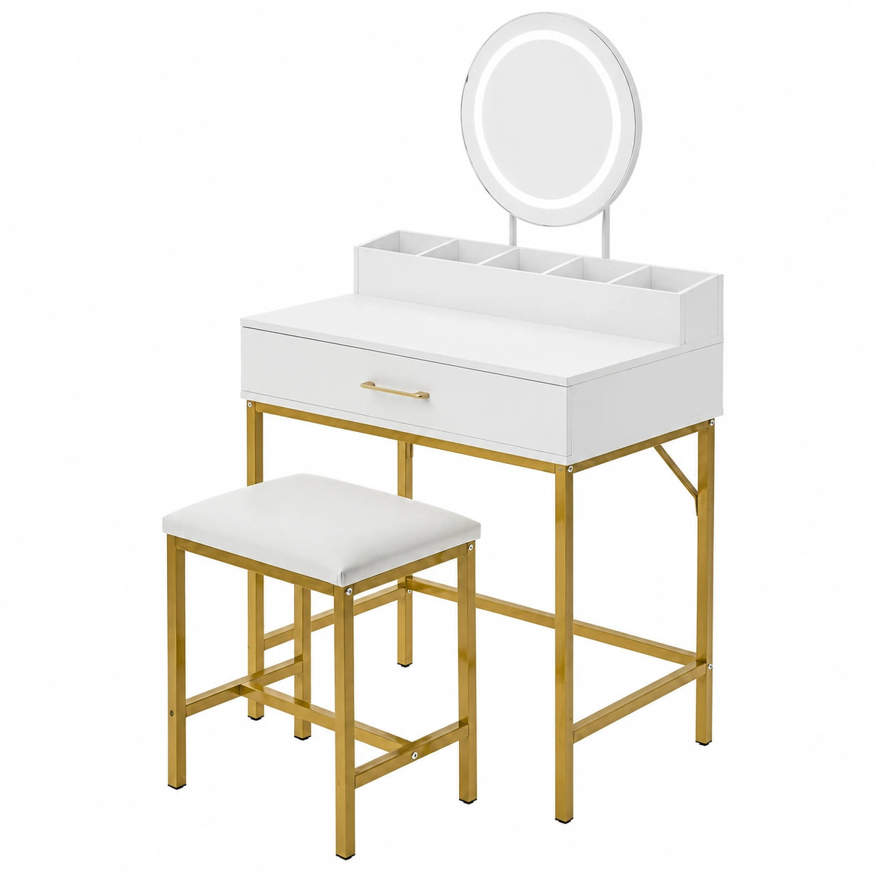 Tavolo Trucco Bianco con Sgabello Oro e Specchio LED, Postazione Make-up con Cassetti, Ideale per Camera da Letto