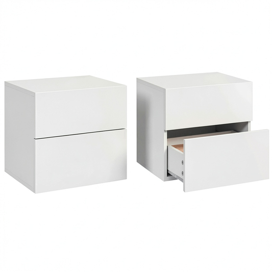 Set di 2 Comodini Sospesi con Cassetto, Design Moderno in Legno Bianco, 40x30x30 cm