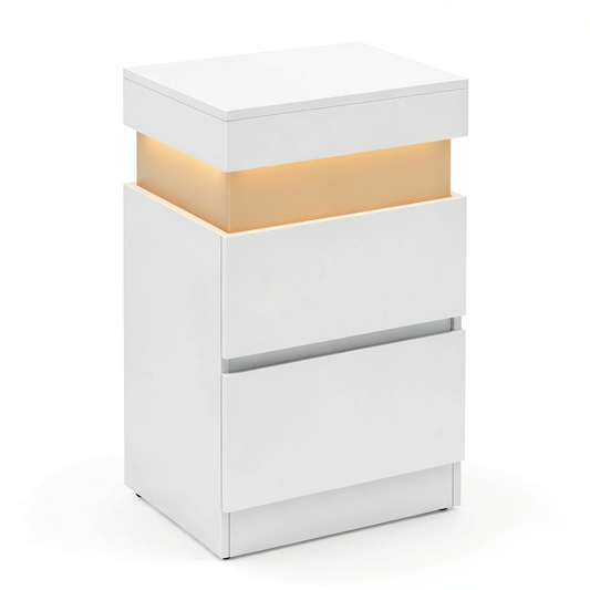Comodino Moderno con Presa e LED, 2 Cassetti, Bianco, 35x40x55 cm