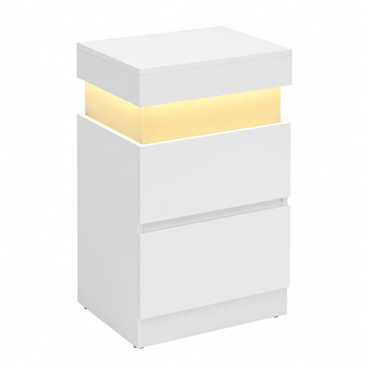 Comodino Moderno con Presa e LED, 2 Cassetti, Bianco, 35x40x55 cm