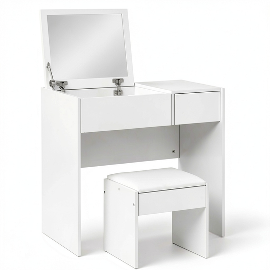 Tavolo Cosmetico Moderno con Specchio e Sgabello, Bianco, 4 Scomparti, 80x40x79 cm