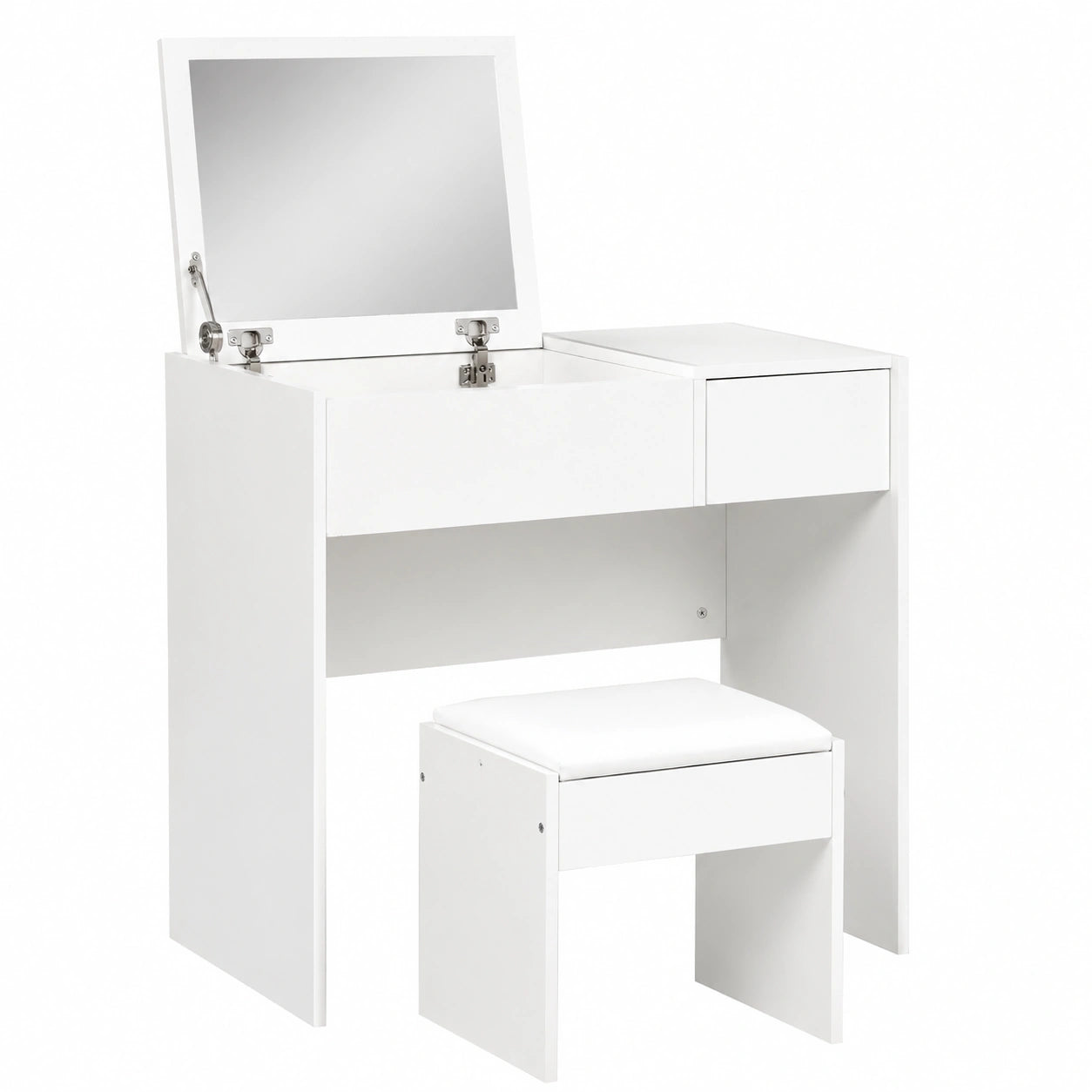 Tavolo Cosmetico Moderno con Specchio e Sgabello, Bianco, 4 Scomparti, 80x40x79 cm