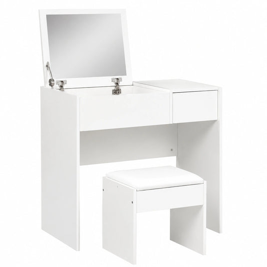 Tavolo Cosmetico Moderno con Specchio e Sgabello, Bianco, 4 Scomparti, 80x40x79 cm