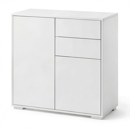 Credenza Moderna 2 Cassetti e 2 Ante con Apertura Push, Bianco Opaco, 79x36x74 cm