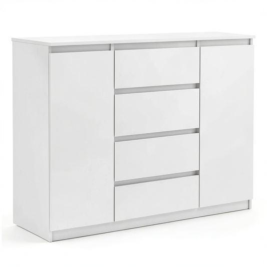 Cassettiera Moderna con 4 Cassetti e 2 Ante per Camera e Soggiorno - 120 cm (Bianco Opaco)