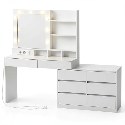 Tavolo da Toeletta con Specchio LED e Prese Multiple, VASAGLE KAILYN, 9 Lampadine, 8 Cassetti, 3 Ripiani, Bianco, Illuminazione Regolabile