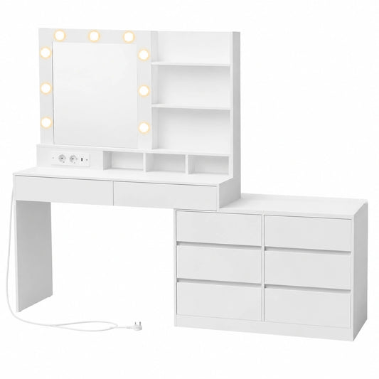 Tavolo da Toeletta con Specchio LED e Prese Multiple, VASAGLE KAILYN, 9 Lampadine, 8 Cassetti, 3 Ripiani, Bianco, Illuminazione Regolabile