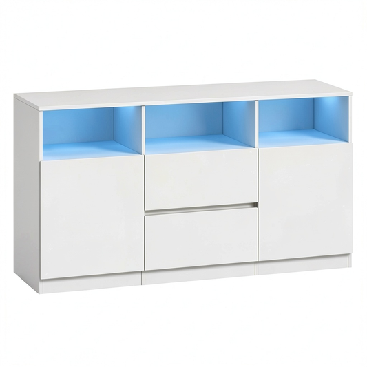 Tavolino Porta TV con LED e Cassetti, Bianco, per TV fino a 65 Pollici