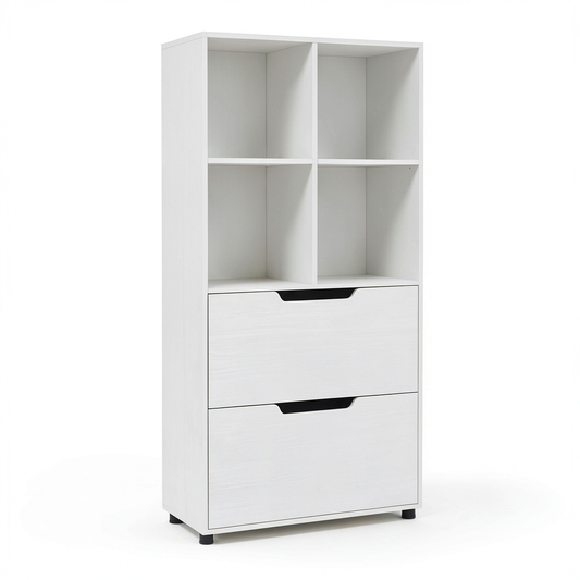Scaffale in Legno Bianco con 4 Cubi e 2 Cassetti, Libreria Stabile per Casa e Ufficio