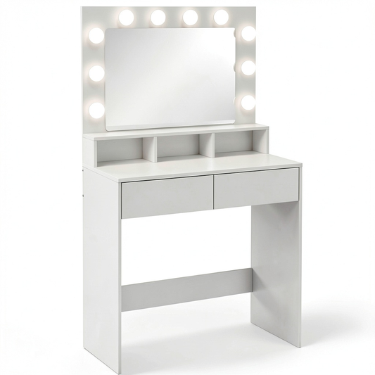 Tavolo da Trucco con Specchio e Luci LED Regolabili, Mobile con Cassetti e Scomparti, 80x40x135 cm, Bianco