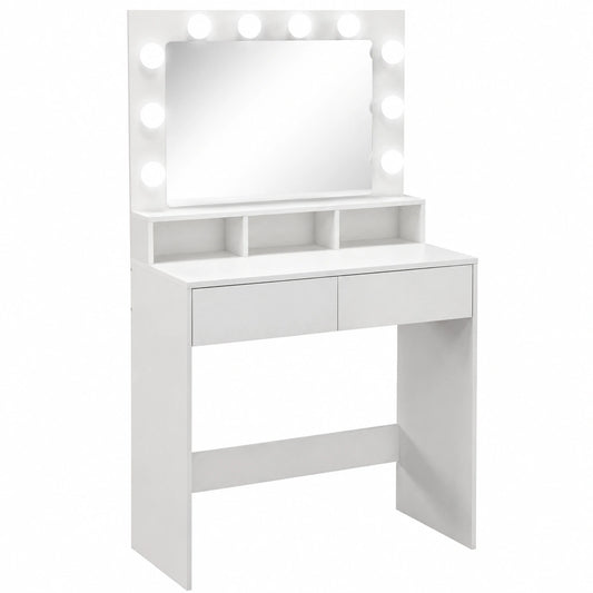 Tavolo da Trucco con Specchio e Luci LED Regolabili, Mobile con Cassetti e Scomparti, 80x40x135 cm, Bianco