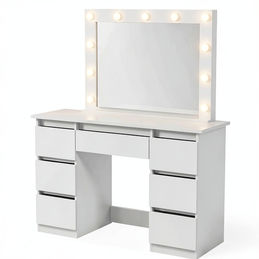 Tavolo da Trucco con Specchio LED e 7 Cassetti - Design Moderno e Spazioso