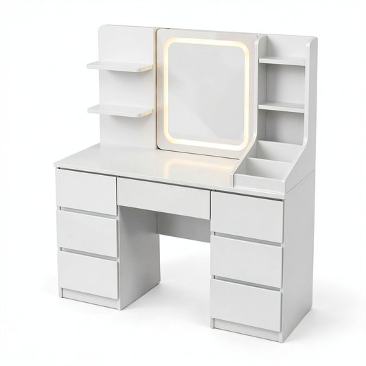 Tavolo da Toeletta con Specchio LED e 7 Cassetti, Ripiani Aperti, Bianco