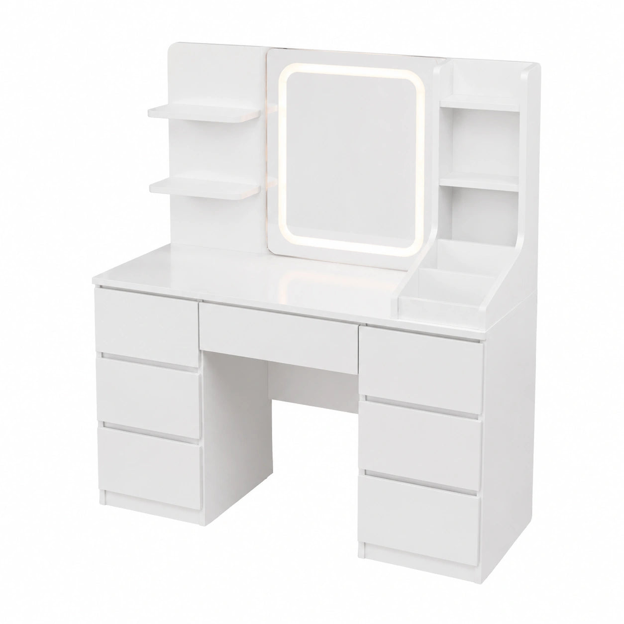 Tavolo da Toeletta con Specchio LED e 7 Cassetti, Ripiani Aperti, Bianco
