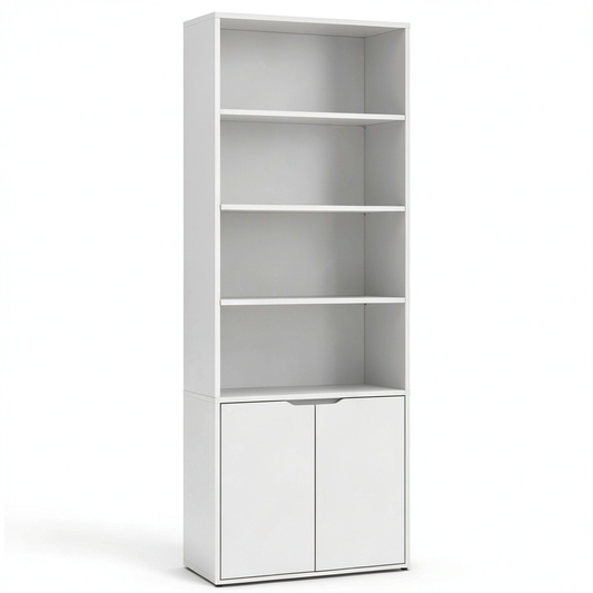 Scaffale Moderno a 4 Ripiani con Credenza a 2 Ante, Mobile Versatile per Casa e Ufficio, 59x29x180cm, Bianco