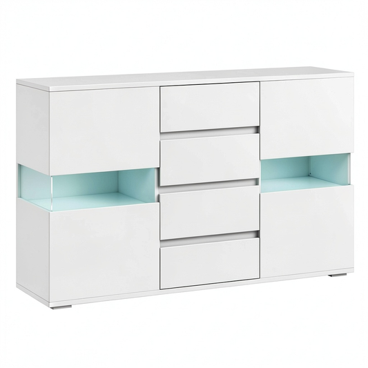 Mobile da Soggiorno Moderno con LED e Telecomando, 4 Cassetti e 2 Ante, 120x34x70 cm, Colore Bianco