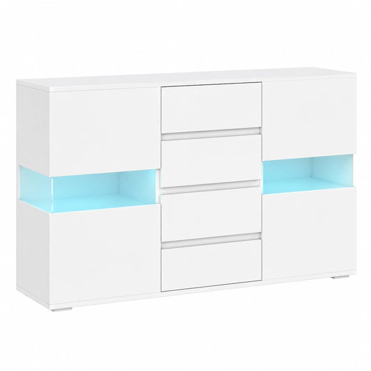 Mobile da Soggiorno Moderno con LED e Telecomando, 4 Cassetti e 2 Ante, 120x34x70 cm, Colore Bianco
