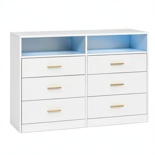 Cassettiera Moderna con LED e Presa Integrata, 6 Cassetti, Bianco Opaco, 40x119x81,2 cm