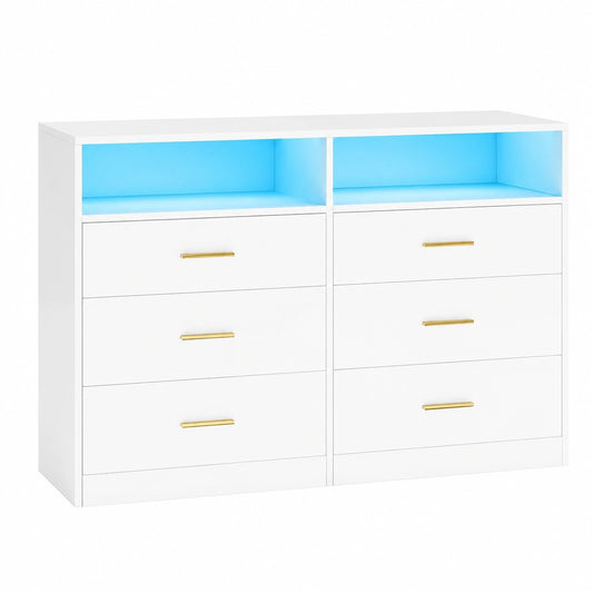 Cassettiera Moderna con LED e Presa Integrata, 6 Cassetti, Bianco Opaco, 40x119x81,2 cm