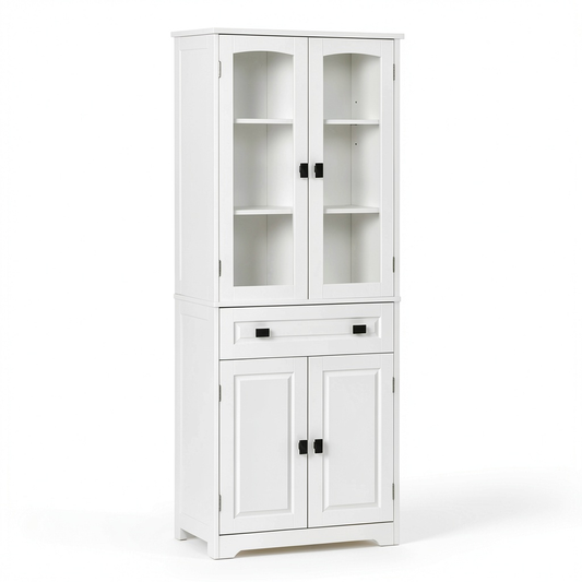 Credenza Moderna con Ripiani Regolabili e Ante in Vetro, 60x30x160cm, Bianco