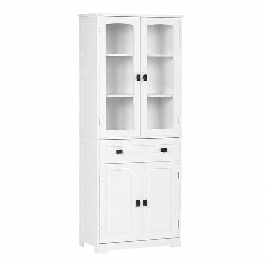 Credenza Moderna con Ripiani Regolabili e Ante in Vetro, 60x30x160cm, Bianco