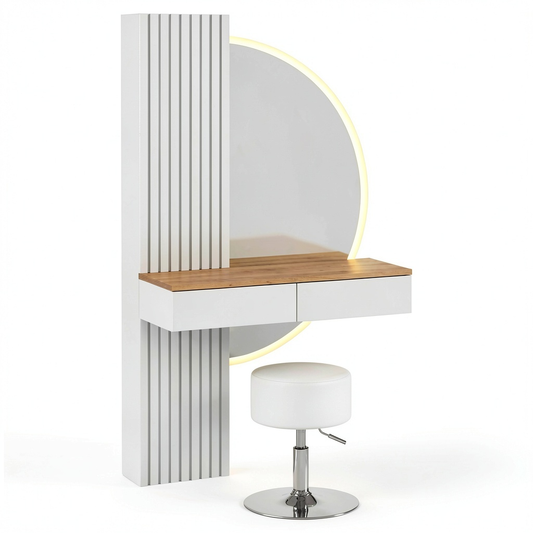 Tavolo da Trucco Vicco Melina con LED e Sgabello, Bianco/Quercia, 100 cm