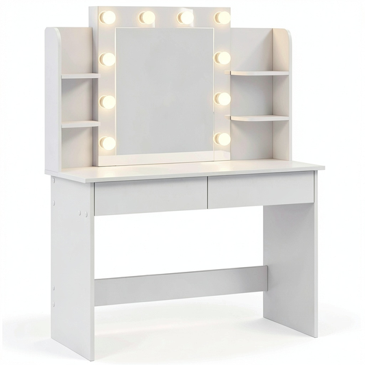 Tavolo da Trucco Bianco con LED e Specchio, Scrivania Make-up con 10 Luci Dimmerabili, 2 Cassetti e 4 Ripiani, Legno, 90x40x135cm