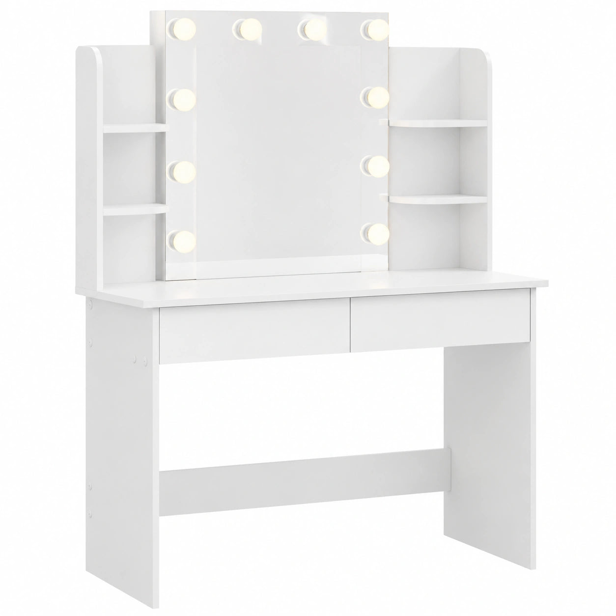 Tavolo da Trucco Bianco con LED e Specchio, Scrivania Make-up con 10 Luci Dimmerabili, 2 Cassetti e 4 Ripiani, Legno, 90x40x135cm
