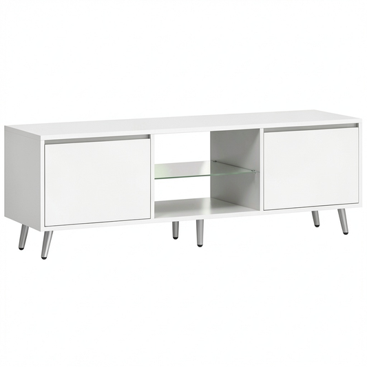 BEWISHOME Mobile Porta TV con Illuminazione LED e Ripiani Regolabili, Design Moderno con Armadietti e Spazi Aperti, 148 x 40 x 49.5 cm, Bianco