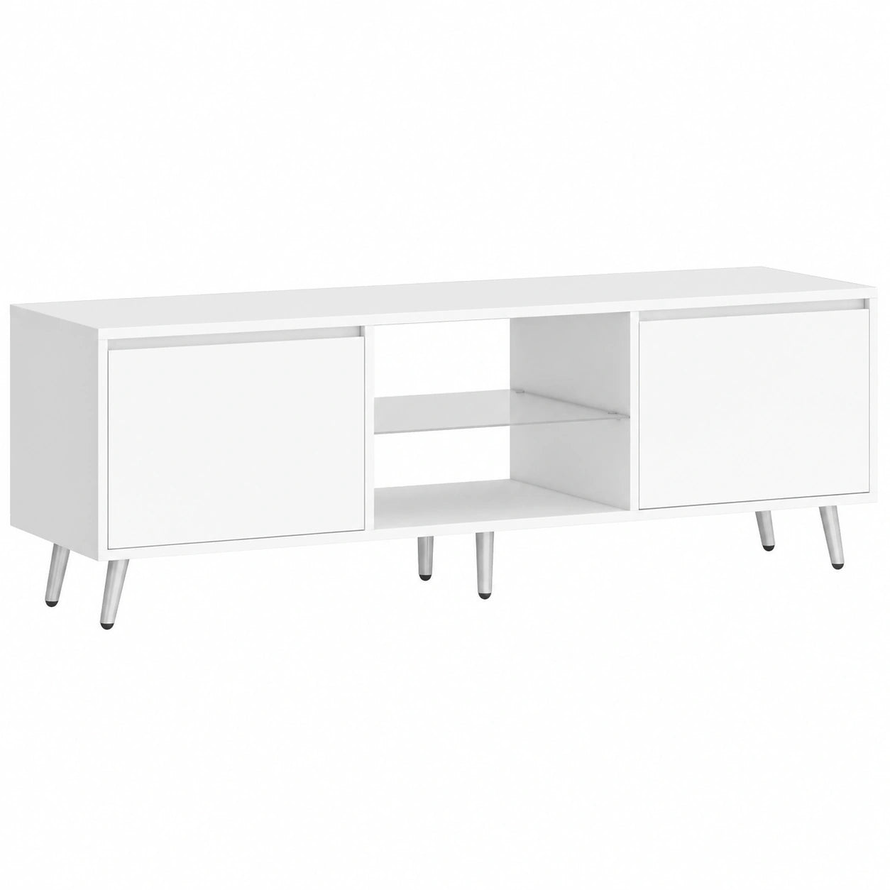 BEWISHOME Mobile Porta TV con Illuminazione LED e Ripiani Regolabili, Design Moderno con Armadietti e Spazi Aperti, 148 x 40 x 49.5 cm, Bianco