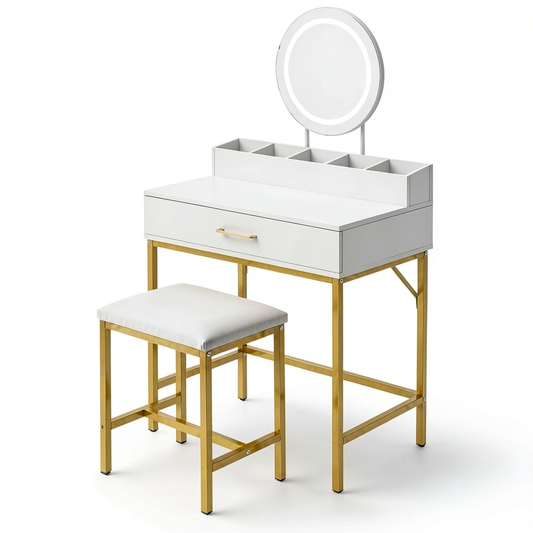 Tavolo Trucco Bianco con Sgabello Oro e Specchio LED, Postazione Make-up con Cassetti, Ideale per Camera da Letto
