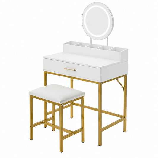 Tavolo Trucco Bianco con Sgabello Oro e Specchio LED, Postazione Make-up con Cassetti, Ideale per Camera da Letto