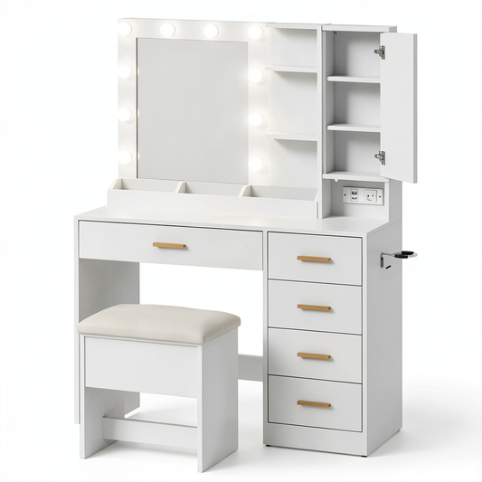 Tavolo da Trucco Completo con Specchio LED, Sgabello, Presa Elettrica, USB, 5 Cassetti, Portagioielli e Porta Asciugacapelli, Bianco