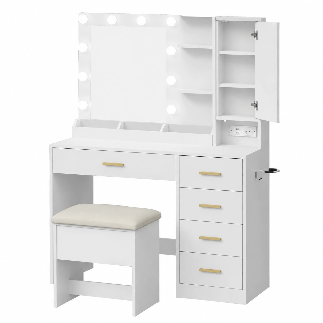 Tavolo da Trucco Completo con Specchio LED, Sgabello, Presa Elettrica, USB, 5 Cassetti, Portagioielli e Porta Asciugacapelli, Bianco