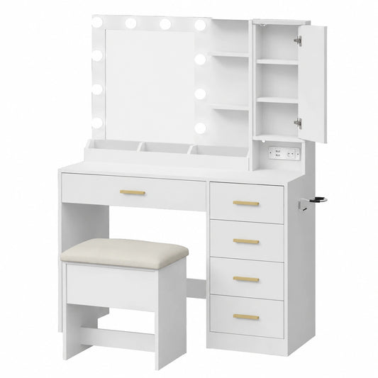 Tavolo da Trucco Completo con Specchio LED, Sgabello, Presa Elettrica, USB, 5 Cassetti, Portagioielli e Porta Asciugacapelli, Bianco