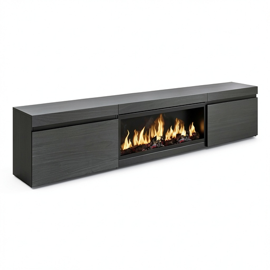 Mobile TV Moderno con Camino Elettrico XXL, 267x45x35 cm, Sospeso, Nero