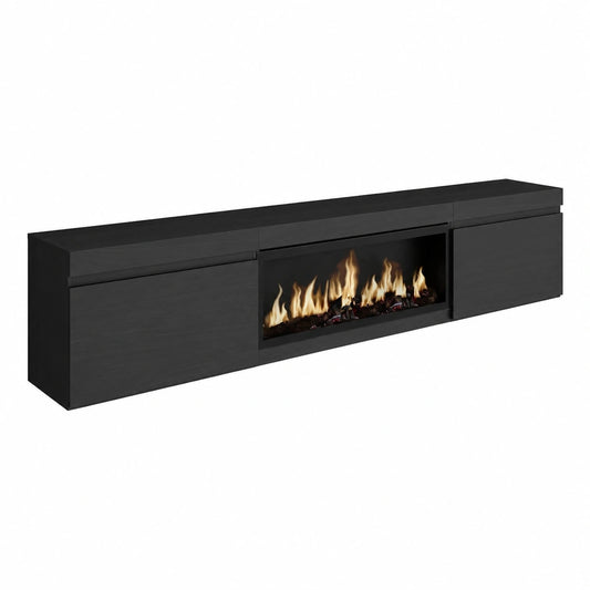 Mobile TV Moderno con Camino Elettrico XXL, 267x45x35 cm, Sospeso, Nero