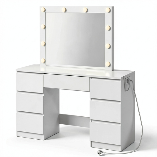 Tavolo da Trucco Moderno con Specchio LED, Cassetti e Prese USB, Bianco