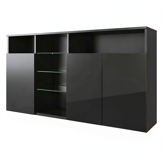 Credenza Moderna con LED, Nero Lucido, 150x72x35 cm