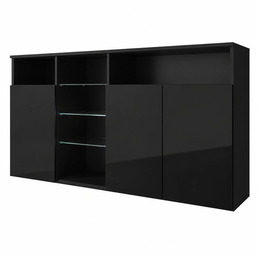 Credenza Moderna con LED, Nero Lucido, 150x72x35 cm