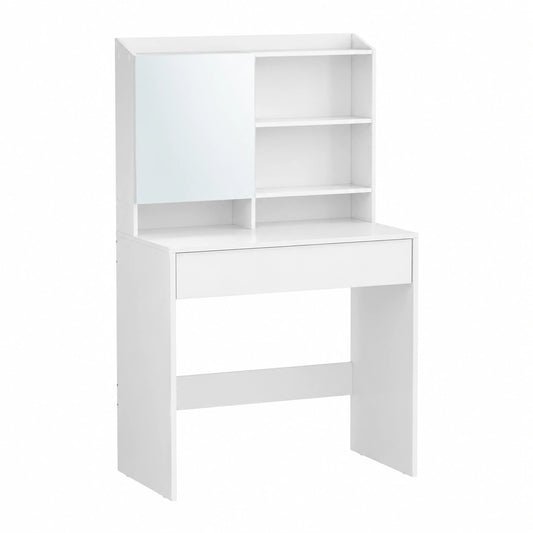 Tavolo da Trucco Moderno con Specchio e Cassetto, Ripiani Regolabili, 40 x 70 x 135 cm, Bianco