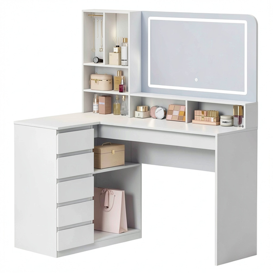 Toeletta da Trucco Angolare con LED e Specchio, 5 Cassetti, 7 Scomparti, Ganci per Collane, Bianca