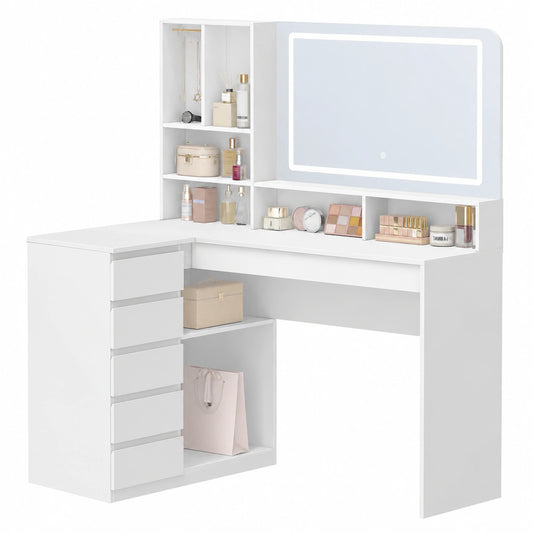 Toeletta da Trucco Angolare con LED e Specchio, 5 Cassetti, 7 Scomparti, Ganci per Collane, Bianca