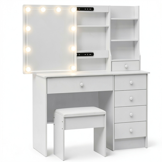 Tavolo da Trucco Bianco con Specchio Luminoso e Sgabello, 6 Cassetti e Ripiani