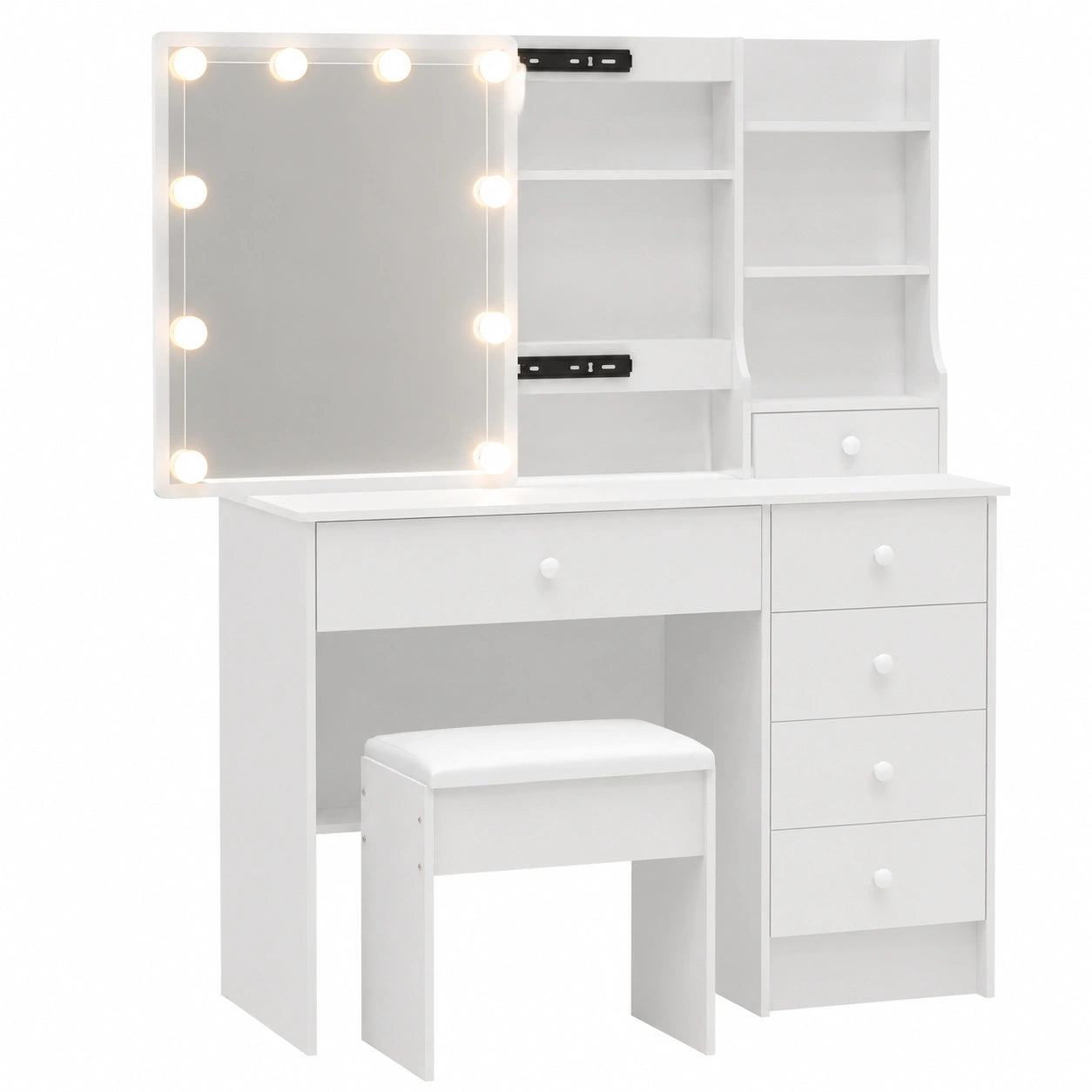 Tavolo da Trucco Bianco con Specchio Luminoso e Sgabello, 6 Cassetti e Ripiani