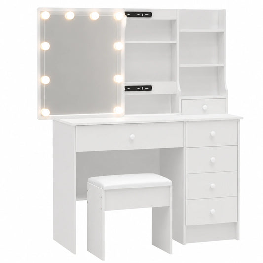 Tavolo da Trucco Bianco con Specchio Luminoso e Sgabello, 6 Cassetti e Ripiani