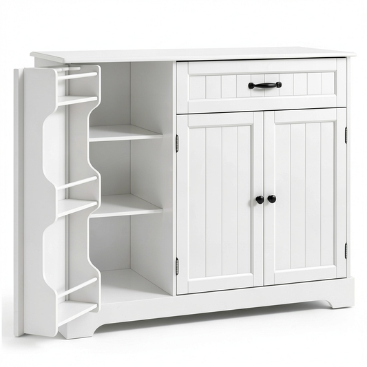 Credenza Xbro con Cassetto e Ante, Mobile Buffet con Vani a 3 Livelli, Chiusura a Ribalta e Angoli Smussati, per Cucina, Soggiorno o Camera da Letto, Bianco