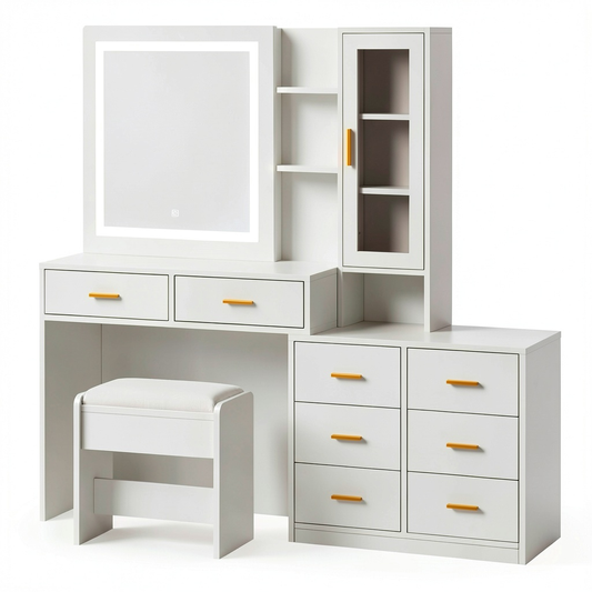 Tavolo da Trucco Moderno con Specchio Illuminato e Sgabello, 8 Cassetti e 3 Ripiani
